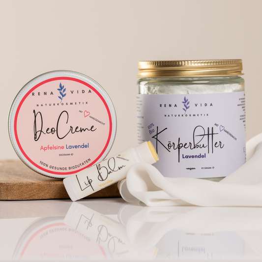 Set aus Bio Körperbutter, Bio Deocreme und Bio Lippenbalsam